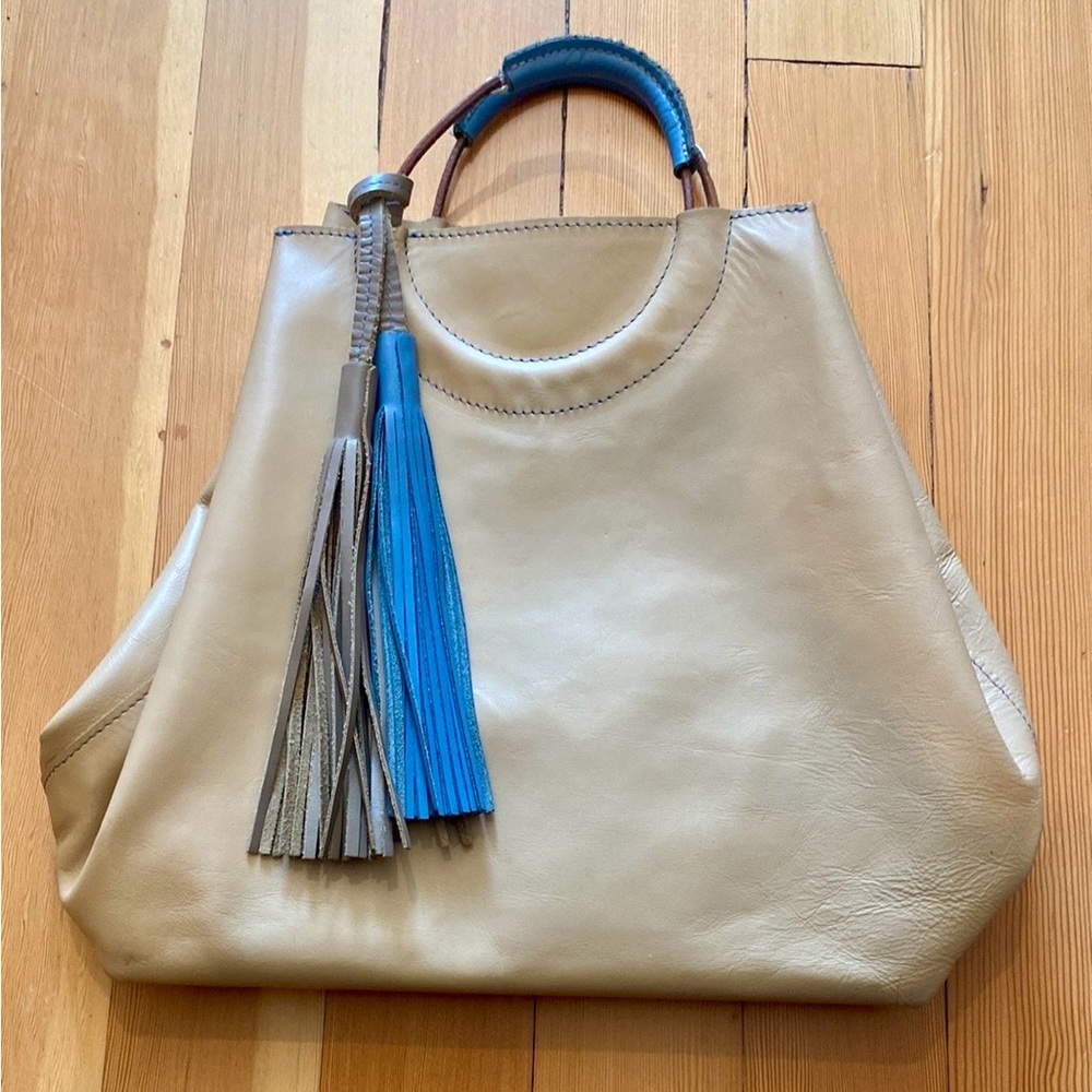 Artisanal Light Tan and Blue Leather Bag,Tassels, ‘Antonio Gradilla’